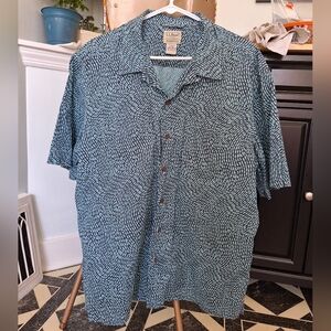 LL Bean Mens Large Blue Fish Print Short Sleeve Button Up Camp Shirt